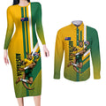 Personalized Australia Soccer Kangaroo Couples Matching Long Sleeve Bodycon Dress and Long Sleeve Button Shirt Australia Flag Athletic Mascot Boxing Kangaroo