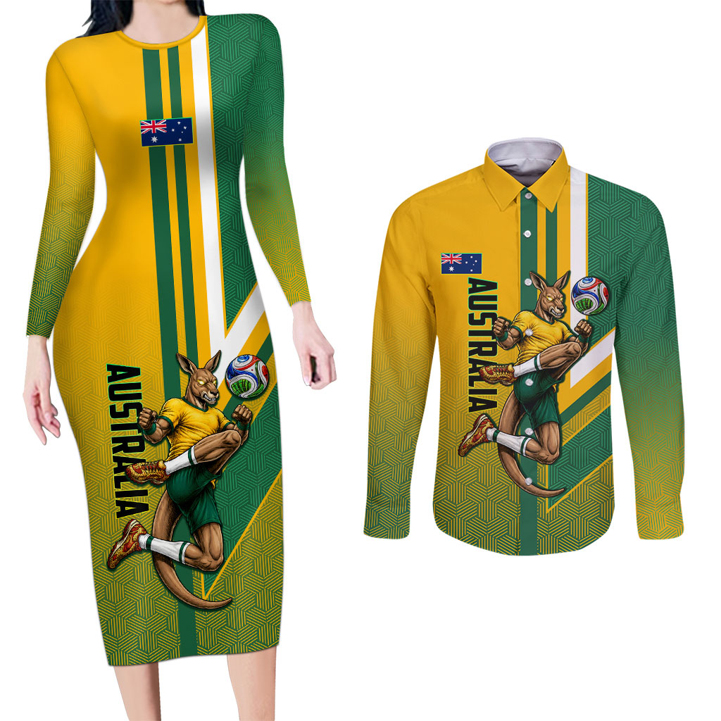 Personalized Australia Soccer Kangaroo Couples Matching Long Sleeve Bodycon Dress and Long Sleeve Button Shirt Australia Flag Athletic Mascot Boxing Kangaroo