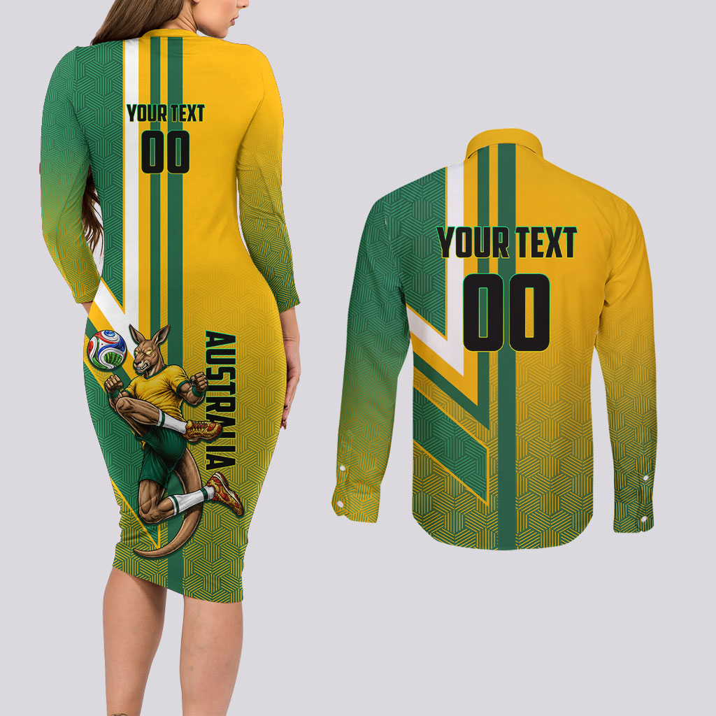 Personalized Australia Soccer Kangaroo Couples Matching Long Sleeve Bodycon Dress and Long Sleeve Button Shirt Australia Flag Athletic Mascot Boxing Kangaroo