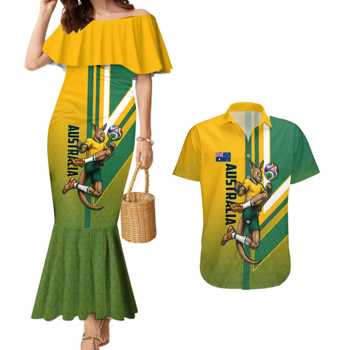 Personalized Australia Soccer Kangaroo Couples Matching Mermaid Dress and Hawaiian Shirt Australia Flag Athletic Mascot Boxing Kangaroo