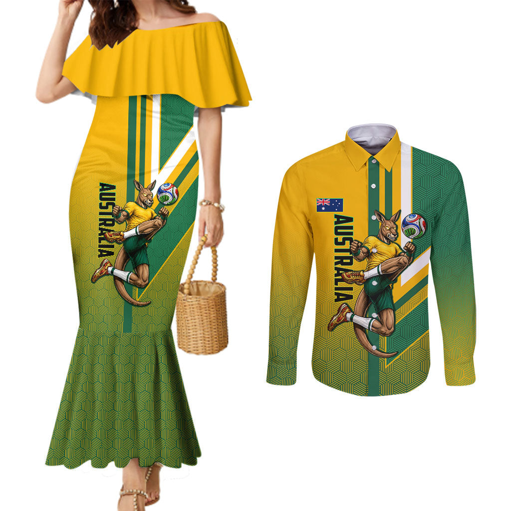 Personalized Australia Soccer Kangaroo Couples Matching Mermaid Dress and Long Sleeve Button Shirt Australia Flag Athletic Mascot Boxing Kangaroo