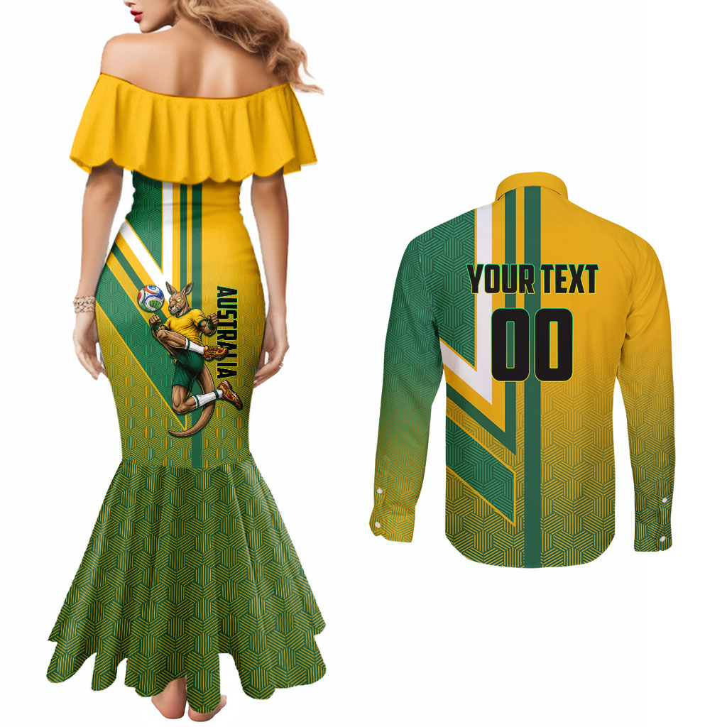 Personalized Australia Soccer Kangaroo Couples Matching Mermaid Dress and Long Sleeve Button Shirt Australia Flag Athletic Mascot Boxing Kangaroo