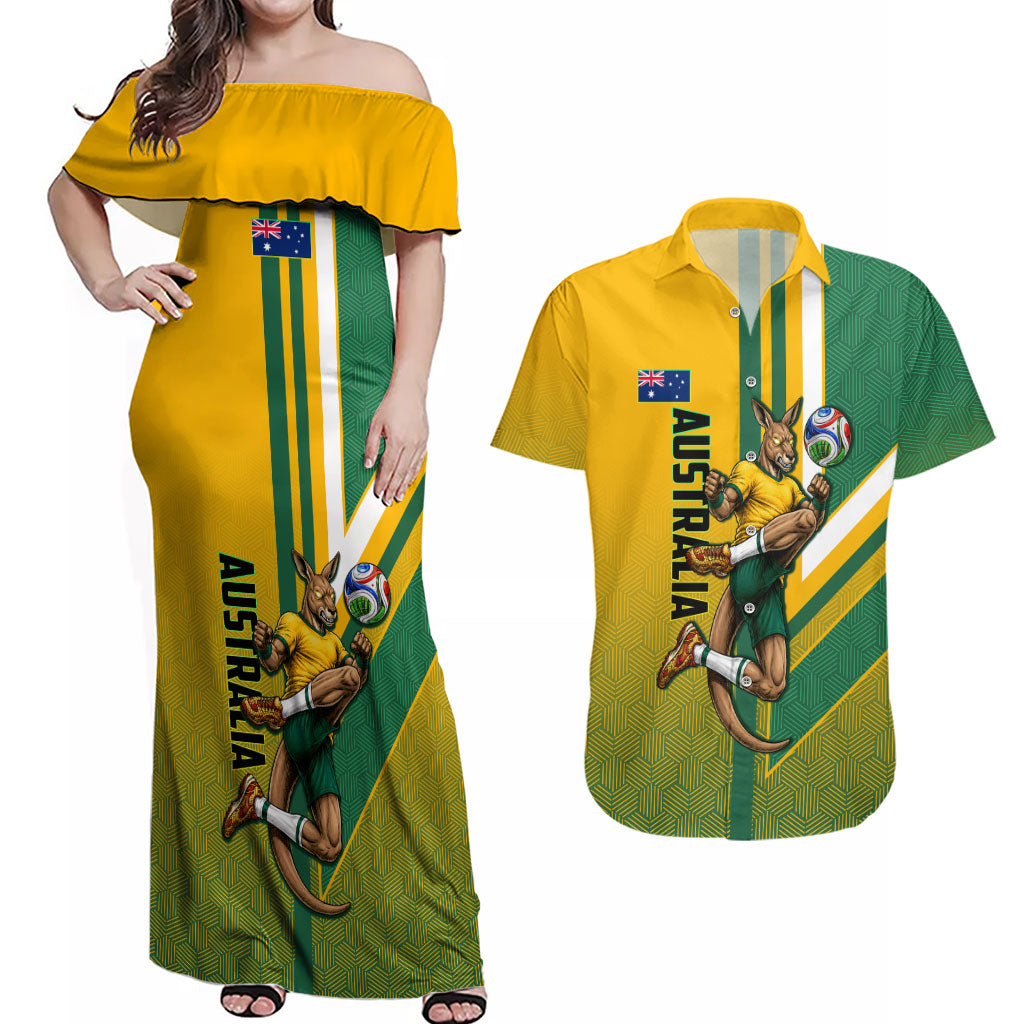 Personalized Australia Soccer Kangaroo Couples Matching Off Shoulder Maxi Dress and Hawaiian Shirt Australia Flag Athletic Mascot Boxing Kangaroo
