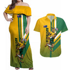 Personalized Australia Soccer Kangaroo Couples Matching Off Shoulder Maxi Dress and Hawaiian Shirt Australia Flag Athletic Mascot Boxing Kangaroo