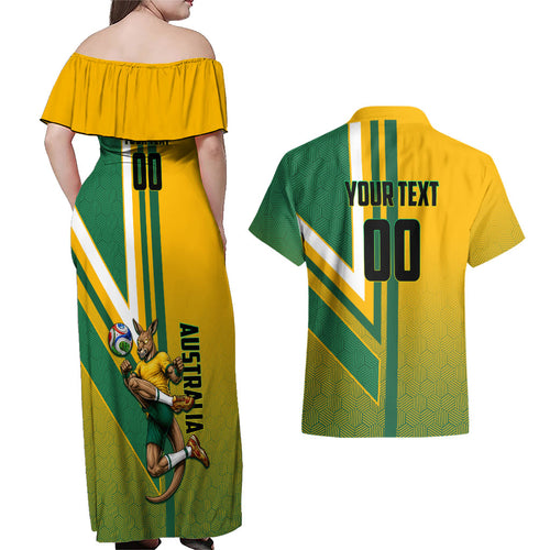 Personalized Australia Soccer Kangaroo Couples Matching Off Shoulder Maxi Dress and Hawaiian Shirt Australia Flag Athletic Mascot Boxing Kangaroo