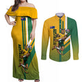 Personalized Australia Soccer Kangaroo Couples Matching Off Shoulder Maxi Dress and Long Sleeve Button Shirt Australia Flag Athletic Mascot Boxing Kangaroo