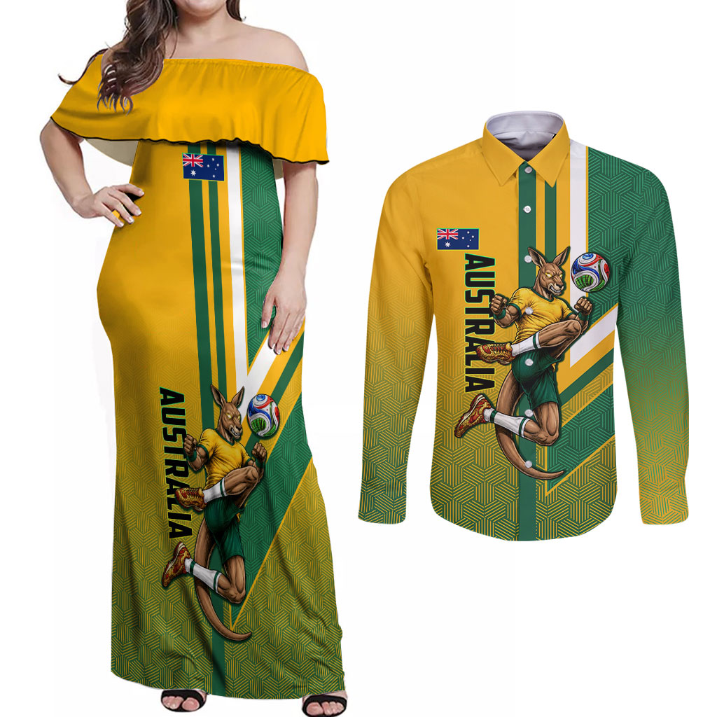 Personalized Australia Soccer Kangaroo Couples Matching Off Shoulder Maxi Dress and Long Sleeve Button Shirt Australia Flag Athletic Mascot Boxing Kangaroo