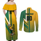Personalized Australia Soccer Kangaroo Couples Matching Off Shoulder Maxi Dress and Long Sleeve Button Shirt Australia Flag Athletic Mascot Boxing Kangaroo