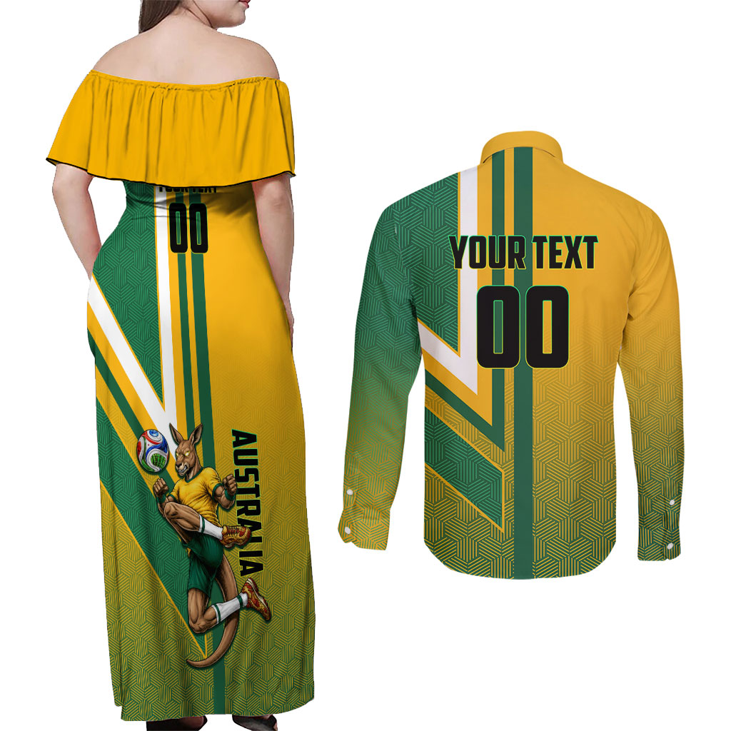 Personalized Australia Soccer Kangaroo Couples Matching Off Shoulder Maxi Dress and Long Sleeve Button Shirt Australia Flag Athletic Mascot Boxing Kangaroo