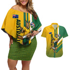 Personalized Australia Soccer Kangaroo Couples Matching Off Shoulder Short Dress and Hawaiian Shirt Australia Flag Athletic Mascot Boxing Kangaroo