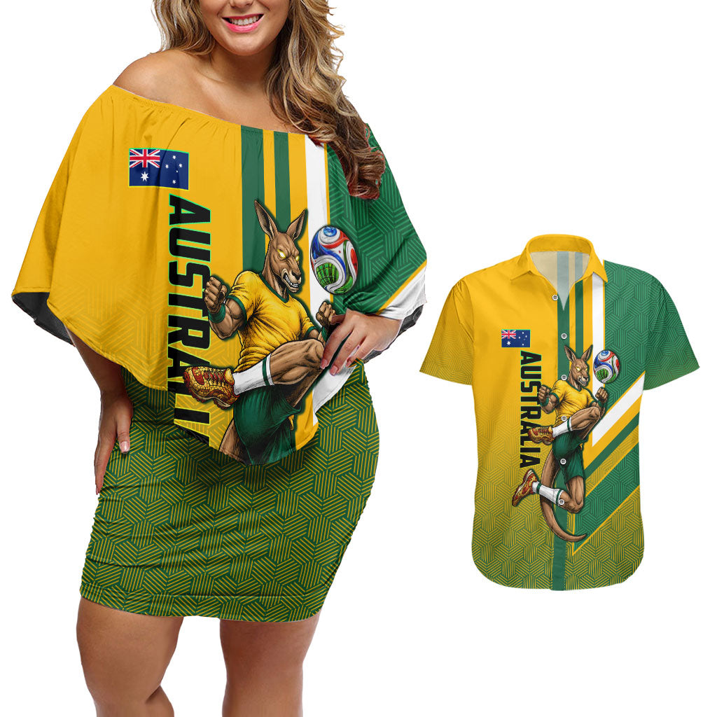 Personalized Australia Soccer Kangaroo Couples Matching Off Shoulder Short Dress and Hawaiian Shirt Australia Flag Athletic Mascot Boxing Kangaroo