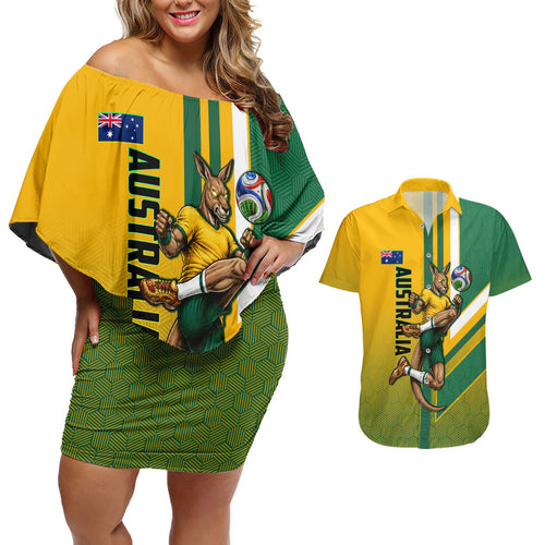 Personalized Australia Soccer Kangaroo Couples Matching Off Shoulder Short Dress and Hawaiian Shirt Australia Flag Athletic Mascot Boxing Kangaroo
