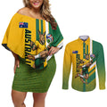 Personalized Australia Soccer Kangaroo Couples Matching Off Shoulder Short Dress and Long Sleeve Button Shirt Australia Flag Athletic Mascot Boxing Kangaroo