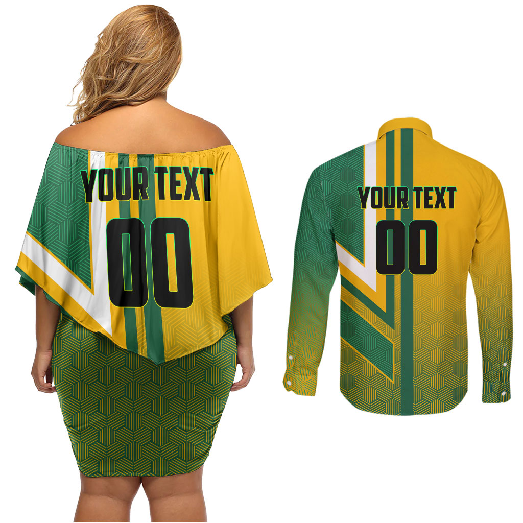 Personalized Australia Soccer Kangaroo Couples Matching Off Shoulder Short Dress and Long Sleeve Button Shirt Australia Flag Athletic Mascot Boxing Kangaroo