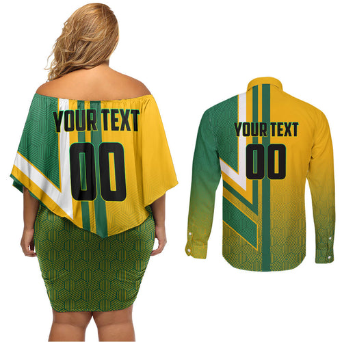 Personalized Australia Soccer Kangaroo Couples Matching Off Shoulder Short Dress and Long Sleeve Button Shirt Australia Flag Athletic Mascot Boxing Kangaroo