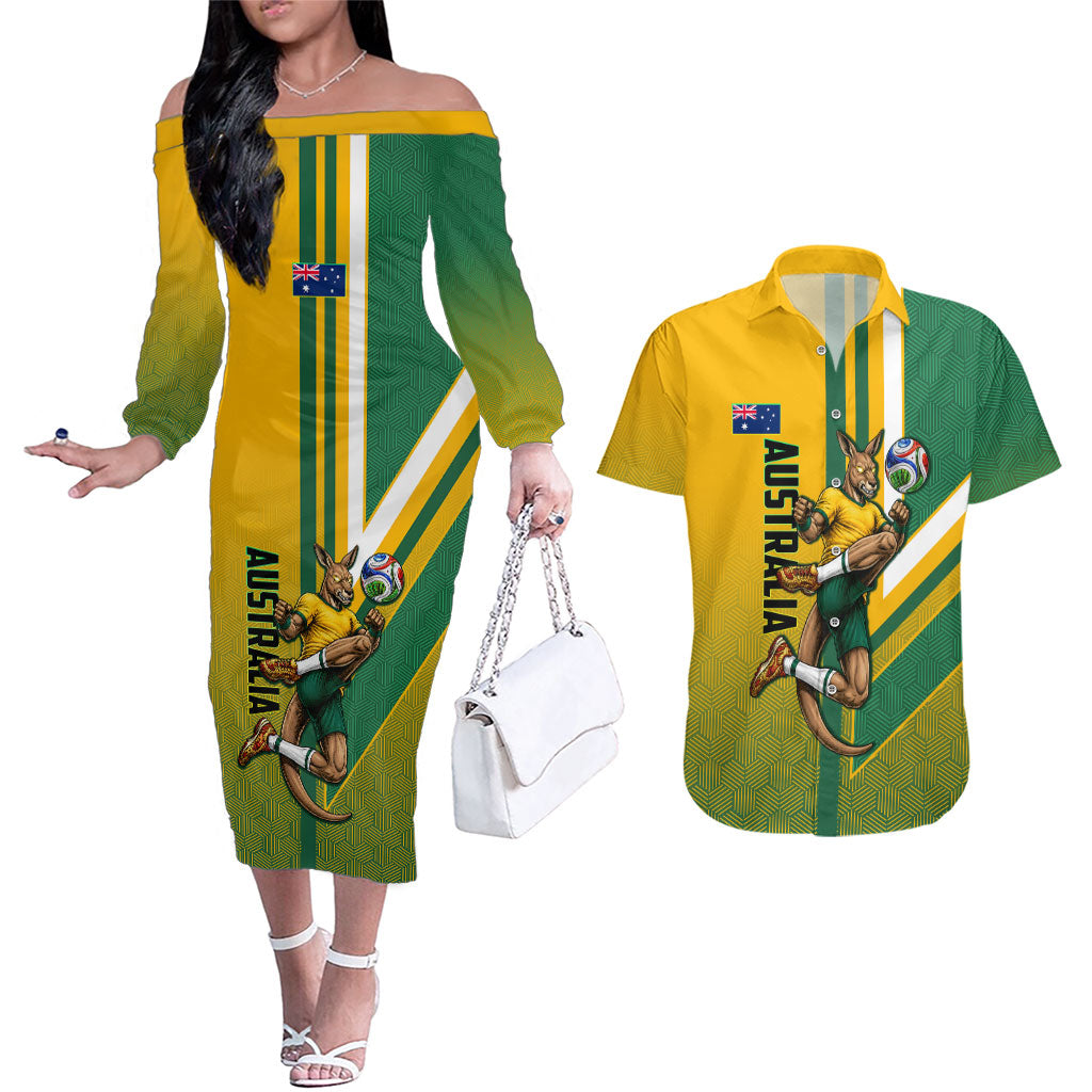 Personalized Australia Soccer Kangaroo Couples Matching Off The Shoulder Long Sleeve Dress and Hawaiian Shirt Australia Flag Athletic Mascot Boxing Kangaroo