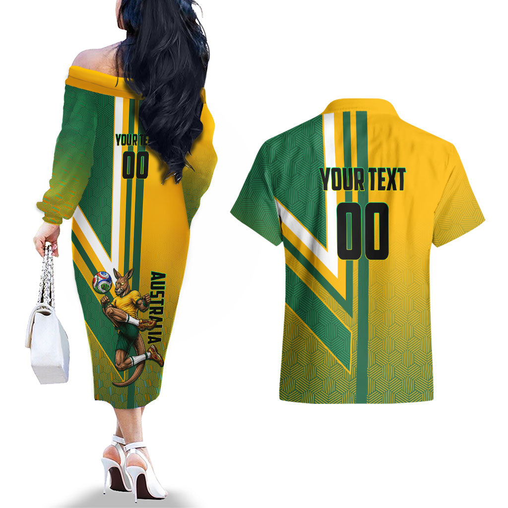 Personalized Australia Soccer Kangaroo Couples Matching Off The Shoulder Long Sleeve Dress and Hawaiian Shirt Australia Flag Athletic Mascot Boxing Kangaroo