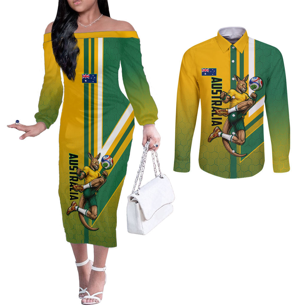 Personalized Australia Soccer Kangaroo Couples Matching Off The Shoulder Long Sleeve Dress and Long Sleeve Button Shirt Australia Flag Athletic Mascot Boxing Kangaroo