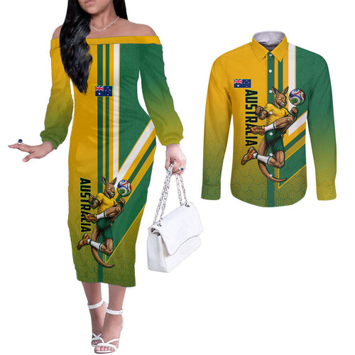 Personalized Australia Soccer Kangaroo Couples Matching Off The Shoulder Long Sleeve Dress and Long Sleeve Button Shirt Australia Flag Athletic Mascot Boxing Kangaroo