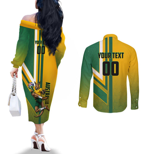Personalized Australia Soccer Kangaroo Couples Matching Off The Shoulder Long Sleeve Dress and Long Sleeve Button Shirt Australia Flag Athletic Mascot Boxing Kangaroo