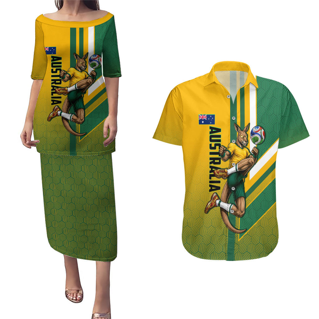 Personalized Australia Soccer Kangaroo Couples Matching Puletasi and Hawaiian Shirt Australia Flag Athletic Mascot Boxing Kangaroo