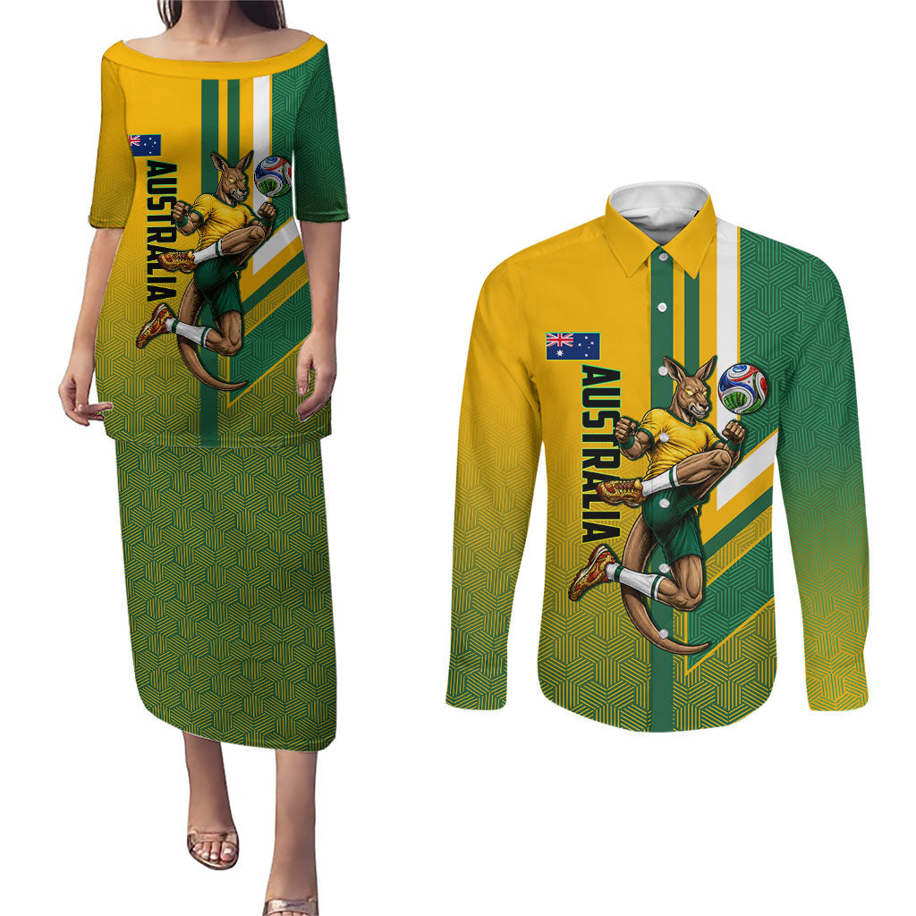 Personalized Australia Soccer Kangaroo Couples Matching Puletasi and Long Sleeve Button Shirt Australia Flag Athletic Mascot Boxing Kangaroo