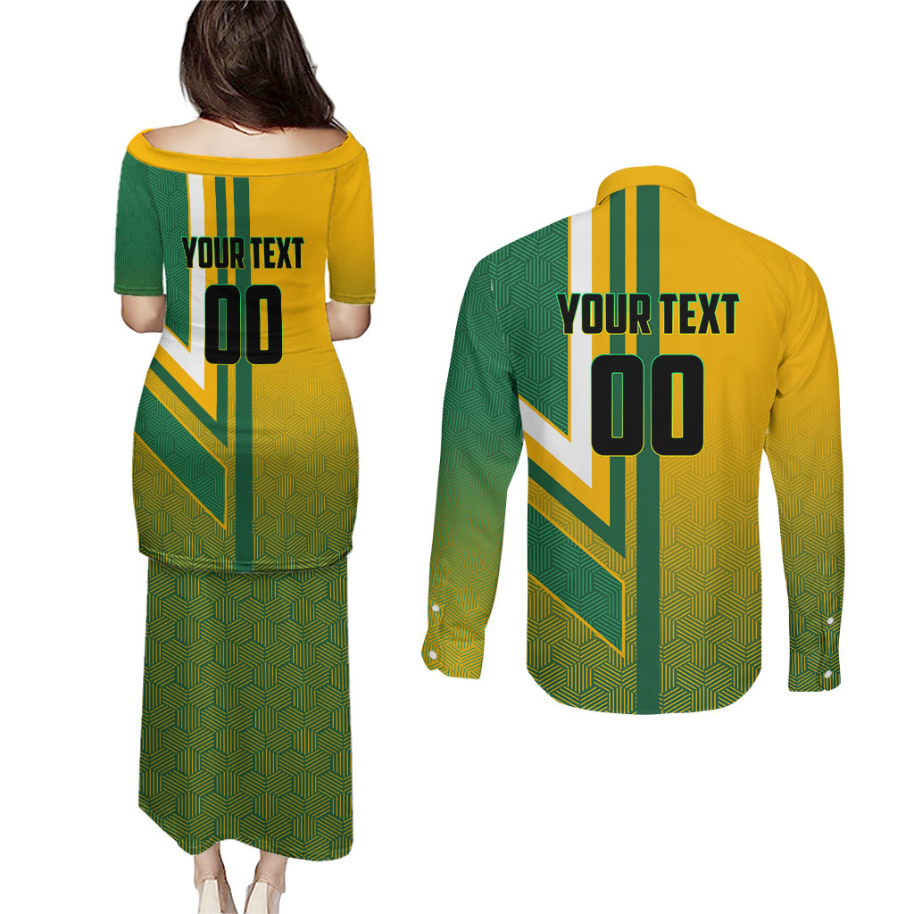 Personalized Australia Soccer Kangaroo Couples Matching Puletasi and Long Sleeve Button Shirt Australia Flag Athletic Mascot Boxing Kangaroo