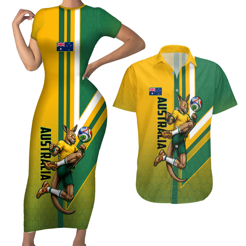 Personalized Australia Soccer Kangaroo Couples Matching Short Sleeve Bodycon Dress and Hawaiian Shirt Australia Flag Athletic Mascot Boxing Kangaroo