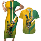 Personalized Australia Soccer Kangaroo Couples Matching Short Sleeve Bodycon Dress and Hawaiian Shirt Australia Flag Athletic Mascot Boxing Kangaroo