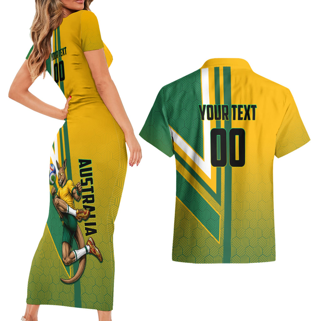 Personalized Australia Soccer Kangaroo Couples Matching Short Sleeve Bodycon Dress and Hawaiian Shirt Australia Flag Athletic Mascot Boxing Kangaroo
