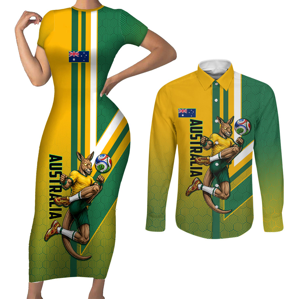 Personalized Australia Soccer Kangaroo Couples Matching Short Sleeve Bodycon Dress and Long Sleeve Button Shirt Australia Flag Athletic Mascot Boxing Kangaroo