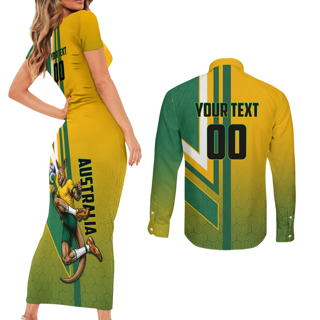 Personalized Australia Soccer Kangaroo Couples Matching Short Sleeve Bodycon Dress and Long Sleeve Button Shirt Australia Flag Athletic Mascot Boxing Kangaroo