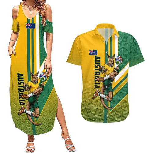 Personalized Australia Soccer Kangaroo Couples Matching Summer Maxi Dress and Hawaiian Shirt Australia Flag Athletic Mascot Boxing Kangaroo
