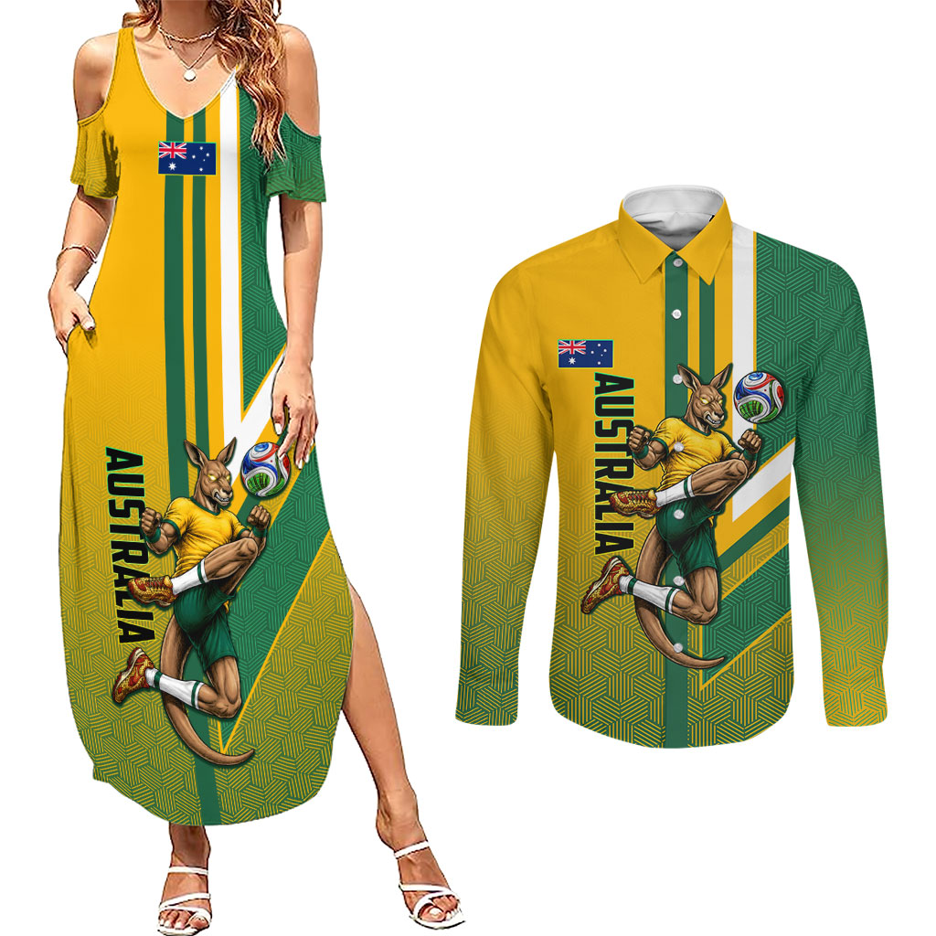 Personalized Australia Soccer Kangaroo Couples Matching Summer Maxi Dress and Long Sleeve Button Shirt Australia Flag Athletic Mascot Boxing Kangaroo