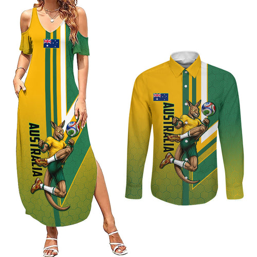 Personalized Australia Soccer Kangaroo Couples Matching Summer Maxi Dress and Long Sleeve Button Shirt Australia Flag Athletic Mascot Boxing Kangaroo