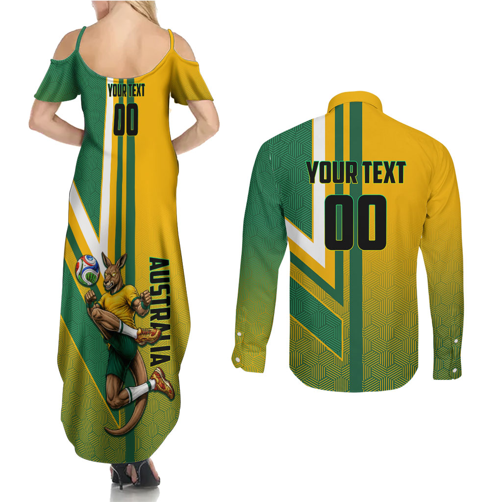 Personalized Australia Soccer Kangaroo Couples Matching Summer Maxi Dress and Long Sleeve Button Shirt Australia Flag Athletic Mascot Boxing Kangaroo