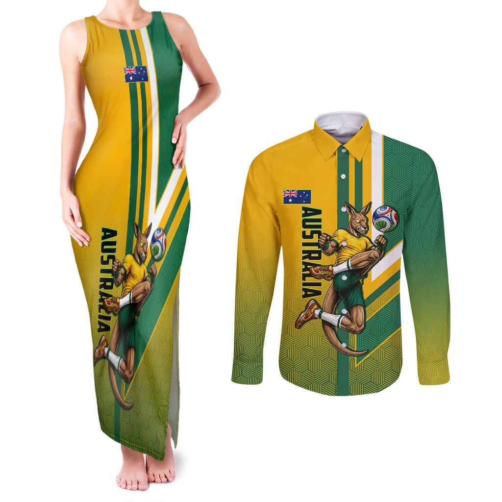 Personalized Australia Soccer Kangaroo Couples Matching Tank Maxi Dress and Long Sleeve Button Shirt Australia Flag Athletic Mascot Boxing Kangaroo