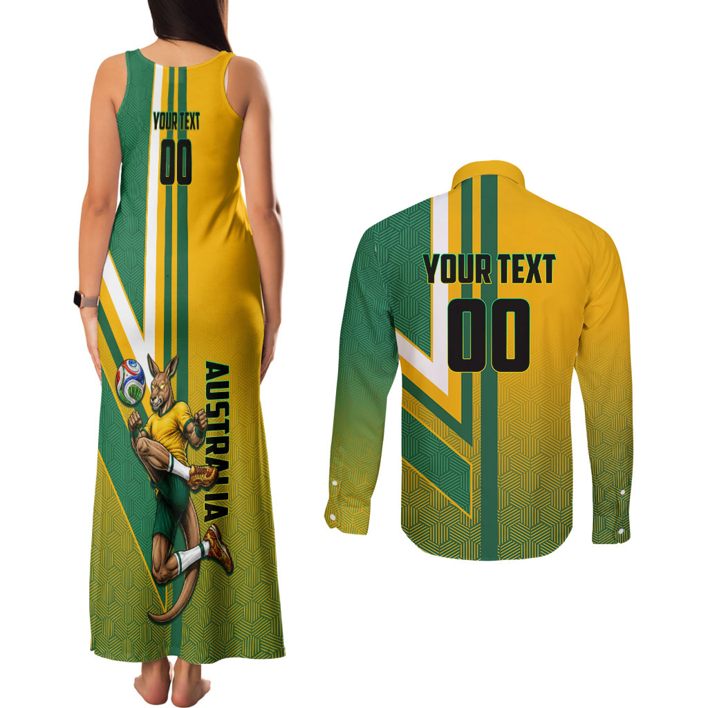 Personalized Australia Soccer Kangaroo Couples Matching Tank Maxi Dress and Long Sleeve Button Shirt Australia Flag Athletic Mascot Boxing Kangaroo