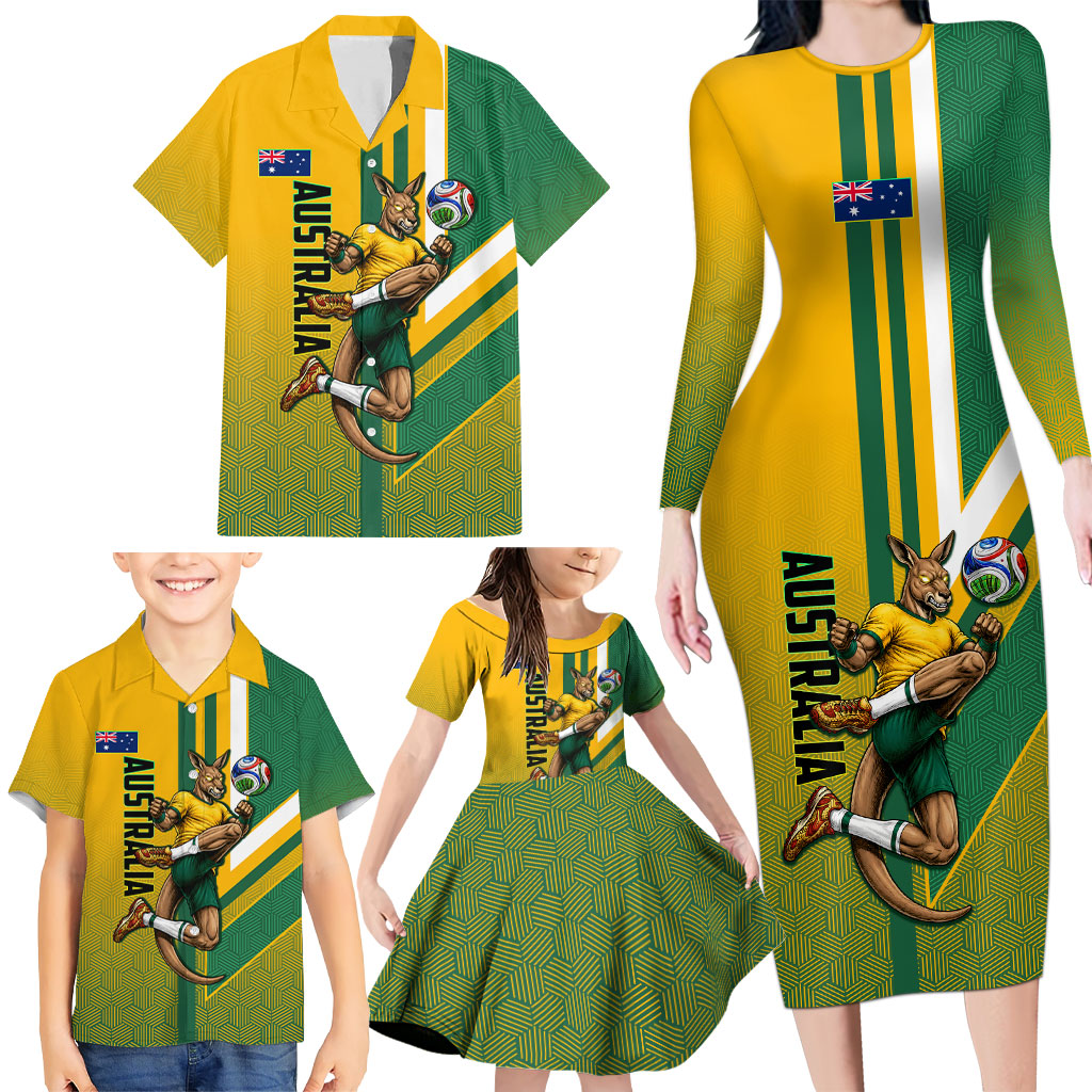 Personalized Australia Soccer Kangaroo Family Matching Long Sleeve Bodycon Dress and Hawaiian Shirt Australia Flag Athletic Mascot Boxing Kangaroo