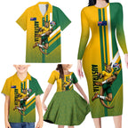 Personalized Australia Soccer Kangaroo Family Matching Long Sleeve Bodycon Dress and Hawaiian Shirt Australia Flag Athletic Mascot Boxing Kangaroo