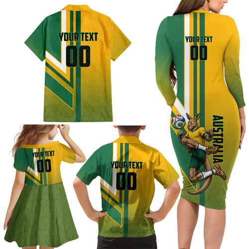 Personalized Australia Soccer Kangaroo Family Matching Long Sleeve Bodycon Dress and Hawaiian Shirt Australia Flag Athletic Mascot Boxing Kangaroo