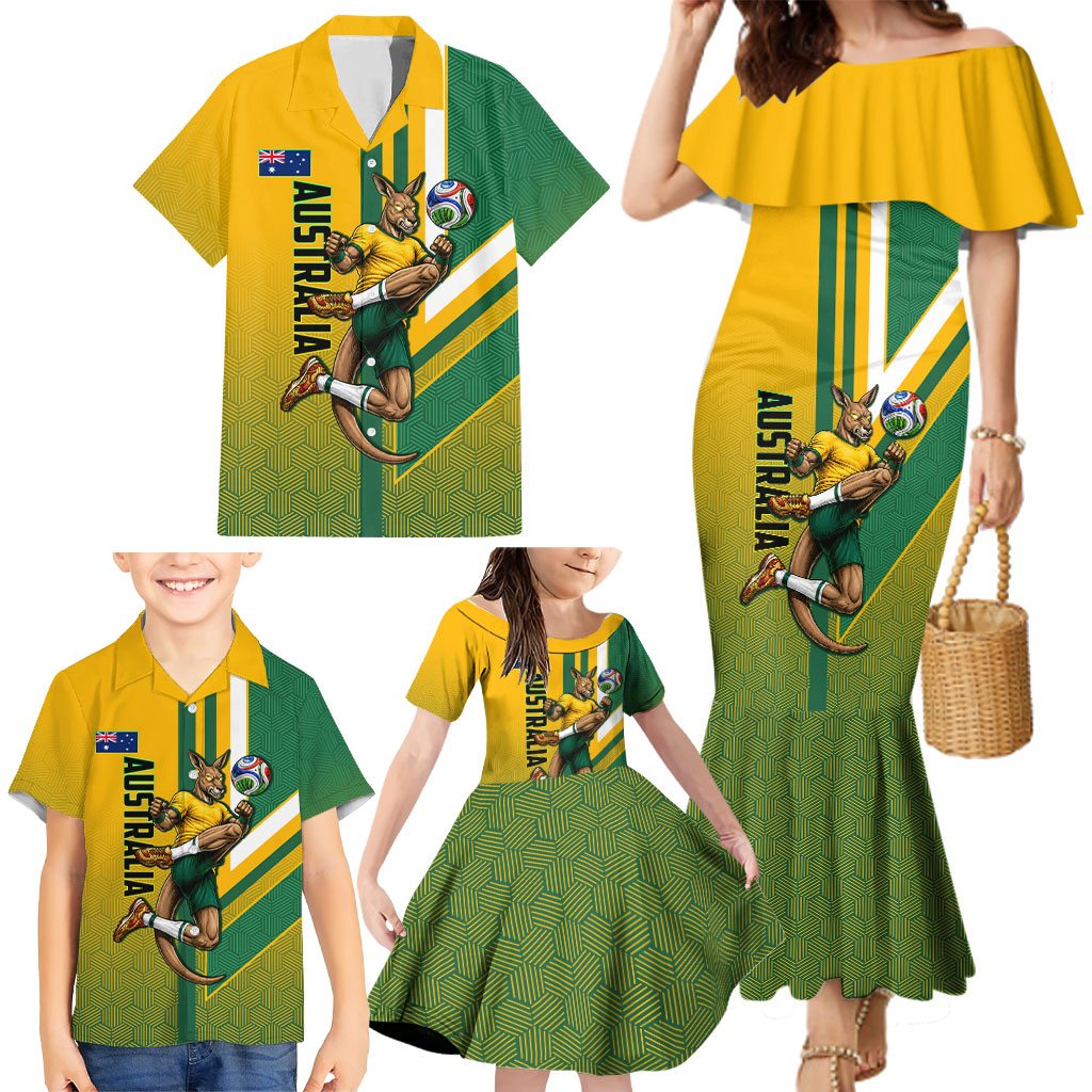 Personalized Australia Soccer Kangaroo Family Matching Mermaid Dress and Hawaiian Shirt Australia Flag Athletic Mascot Boxing Kangaroo