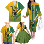 Personalized Australia Soccer Kangaroo Family Matching Off The Shoulder Long Sleeve Dress and Hawaiian Shirt Australia Flag Athletic Mascot Boxing Kangaroo