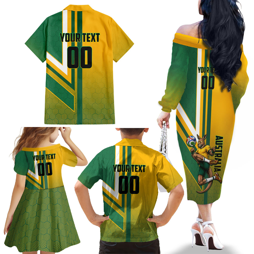 Personalized Australia Soccer Kangaroo Family Matching Off The Shoulder Long Sleeve Dress and Hawaiian Shirt Australia Flag Athletic Mascot Boxing Kangaroo