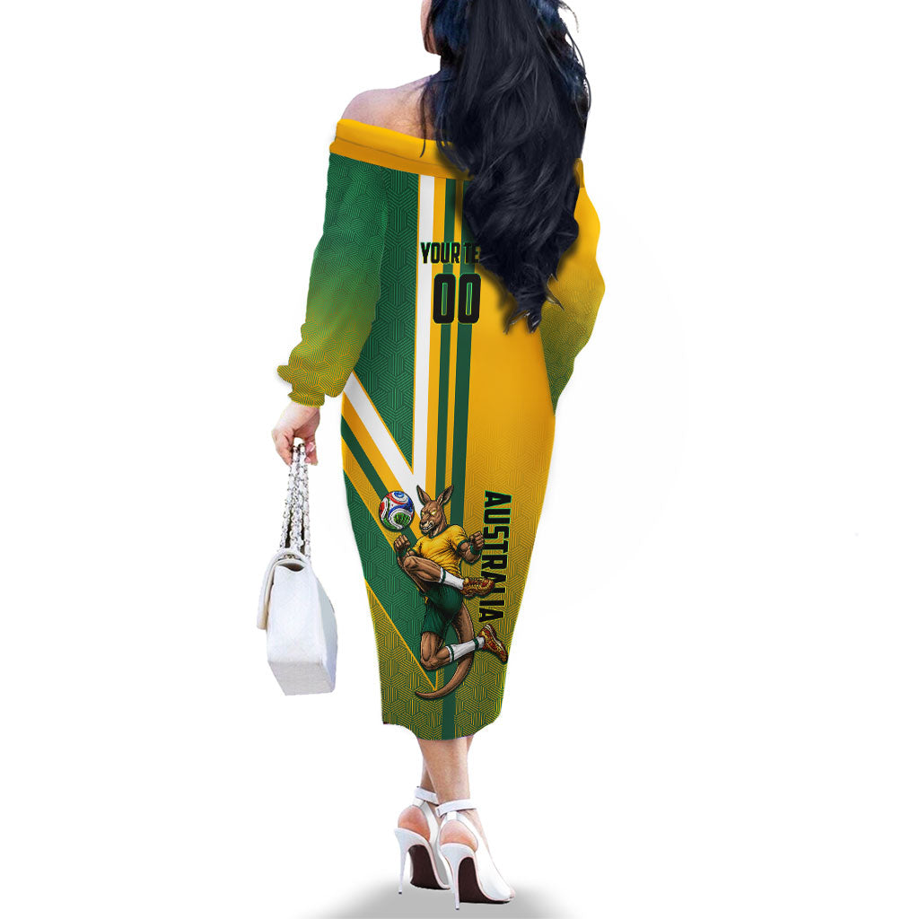 Personalized Australia Soccer Kangaroo Family Matching Off The Shoulder Long Sleeve Dress and Hawaiian Shirt Australia Flag Athletic Mascot Boxing Kangaroo