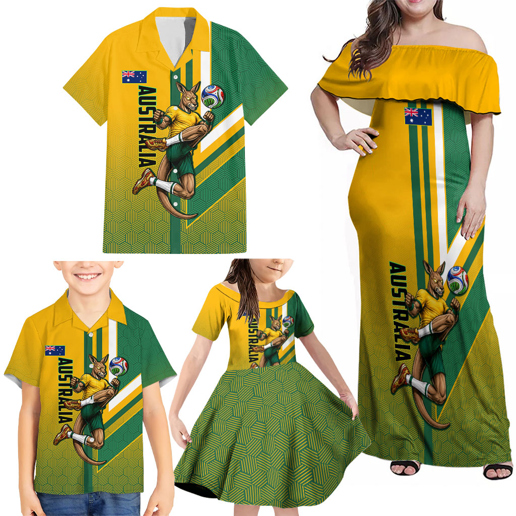 Personalized Australia Soccer Kangaroo Family Matching Off Shoulder Maxi Dress and Hawaiian Shirt Australia Flag Athletic Mascot Boxing Kangaroo