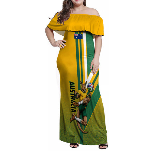 Personalized Australia Soccer Kangaroo Family Matching Off Shoulder Maxi Dress and Hawaiian Shirt Australia Flag Athletic Mascot Boxing Kangaroo