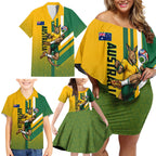 Personalized Australia Soccer Kangaroo Family Matching Off Shoulder Short Dress and Hawaiian Shirt Australia Flag Athletic Mascot Boxing Kangaroo
