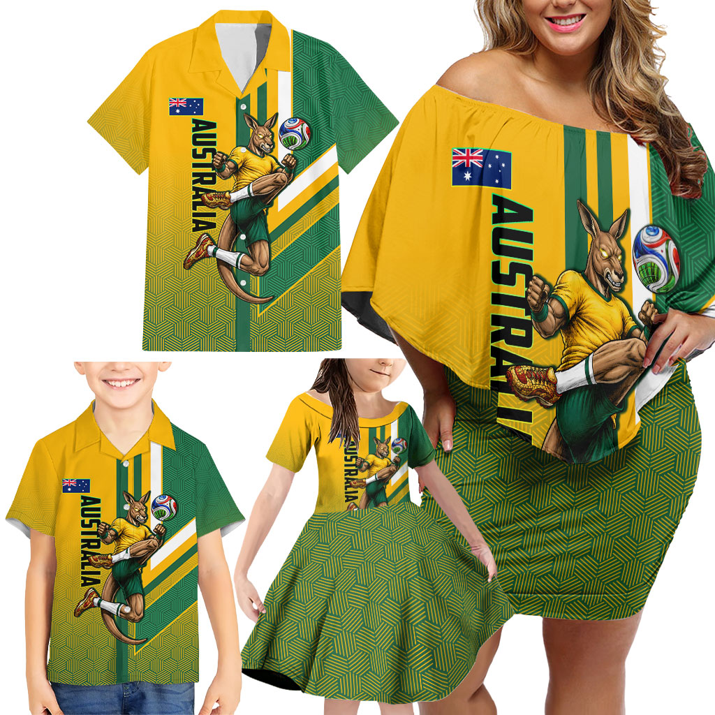 Personalized Australia Soccer Kangaroo Family Matching Off Shoulder Short Dress and Hawaiian Shirt Australia Flag Athletic Mascot Boxing Kangaroo