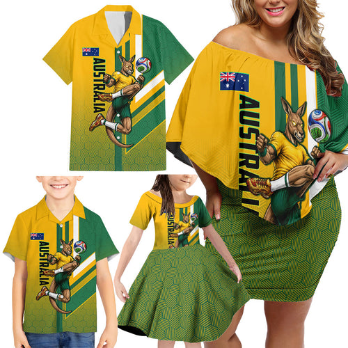 Personalized Australia Soccer Kangaroo Family Matching Off Shoulder Short Dress and Hawaiian Shirt Australia Flag Athletic Mascot Boxing Kangaroo